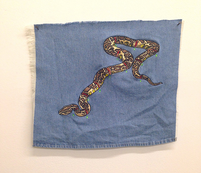 Flag of the Land (The Great American Python), Embroidery on Denim, 14" x  12", 2013