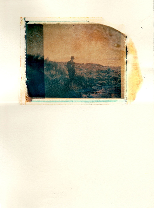 Bryan McGovern Wilson, The Trinity Pilgrimage (Emergence), Polaroid transfer on watercolor, Trinitite, 9 in x 7in, 2011